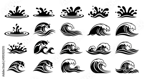 Set of Black and White Water Splash and Wave Icons