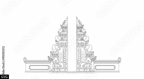Ornate Balinese Temple Gate Outline Drawing
