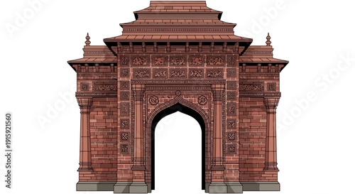Ornate Red Sandstone Archway, Indian Architecture, Detailed Carvings