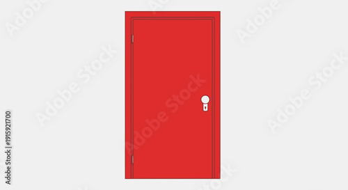 Red Closed Door with Silver Knob on White Background, Entrance Concept
