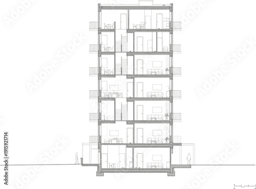 Architectural section drawing of a modern apartment building, showing multi-story living spaces, balconies, and interior details in a clean line art style.