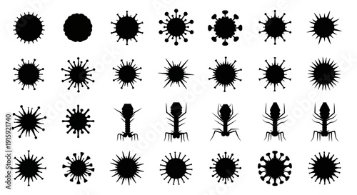 Collection of Virus and Bacteriophage Silhouettes, Microorganism Icons