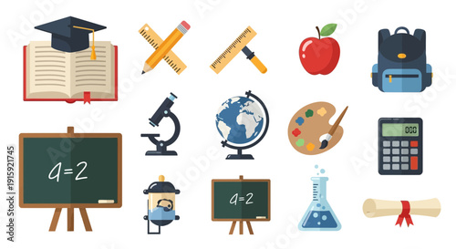 School Supplies and Education Icons Set: Graduation Cap, Book, Globe, Apple, Backpack