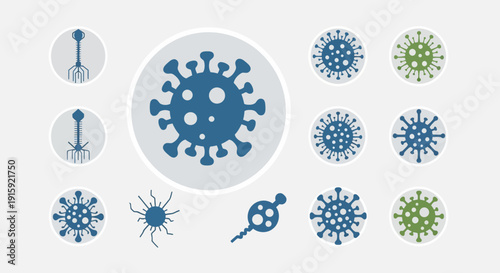 Collection of virus icons: Coronavirus, Bacteriophage, Sperm-like virus, and other microscopic organisms.