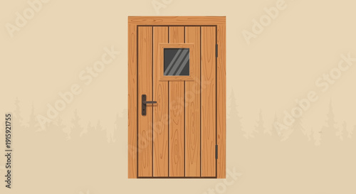 Rustic Wooden Door with Small Square Window and Metal Handle