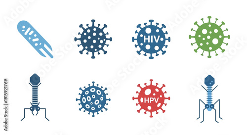 Collection of virus icons: HIV, HPV, bacteriophage, and other microorganisms