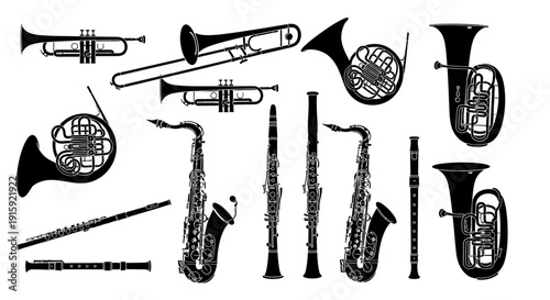 Collection of Silhouette Brass and Woodwind Musical Instruments