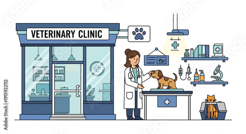Veterinary Clinic Scene with Doctor, Dog, and Cat Carrier