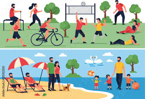 Joyful illustration of summer fun: families and friends engaging in beach activities, cycling, playing volleyball, and relaxing by a tranquil lake with swans and children.