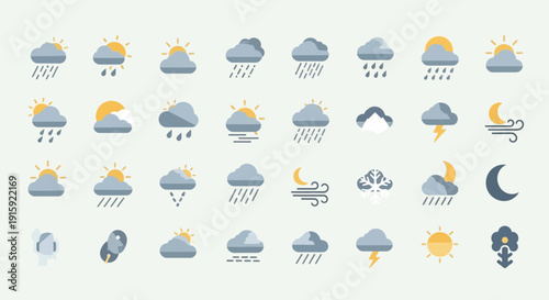 Weather Forecast Icons Set - Sunny, Rainy, Cloudy, Stormy, Night