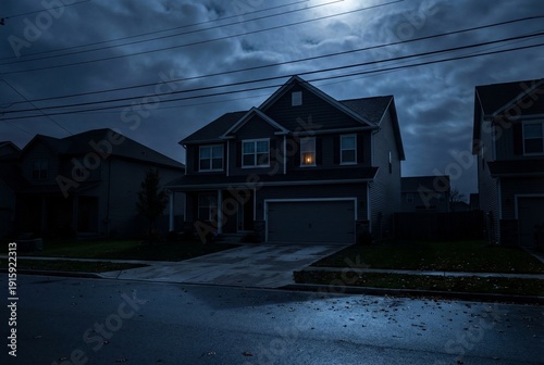 Dark suburban house at night with single illuminated window during power outage