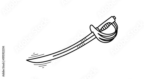 Pirate Cutlass Sword, Curved Blade, Hand Drawn Illustration, Isolated on White