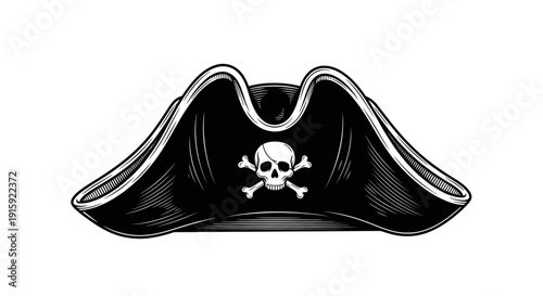 Pirate Hat with Skull and Crossbones Emblem, Vintage Engraving Style