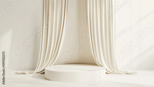 cream cloth waves on circle pedestal podium for product photography background