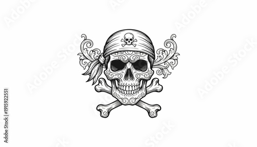 Pirate Skull and Crossbones with Ornate Flourishes - Vintage Tattoo Style