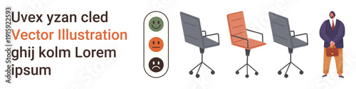 Workplace efficiency, employee evaluation, human resources, office setup, job performance, decision-making. Traffic light with emotions, chairs and a professional figure. Workplace efficiency
