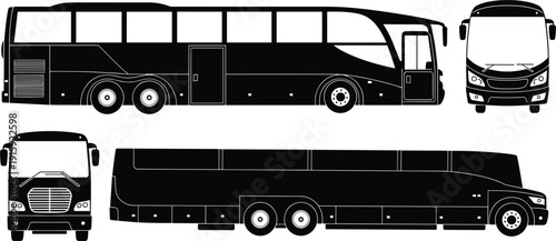 Black silhouette line art drawings of a modern tour bus from three angles Keywords: bus, coach, tour bus, passenger bus, vehicle