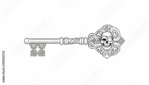 Ornate antique key with skull motif, gothic, vintage, occult, mysterious, detailed illustration