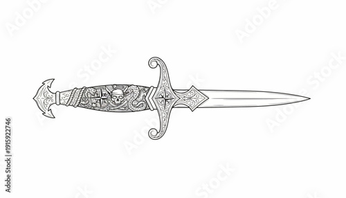 Ornate Dagger with Skull Motif - Engraved Blade and Hilt, Fantasy Weapon Illustration
