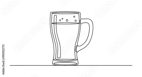 Minimalist line art drawing of a beer mug with foam and bubbles, isolated on white background.
