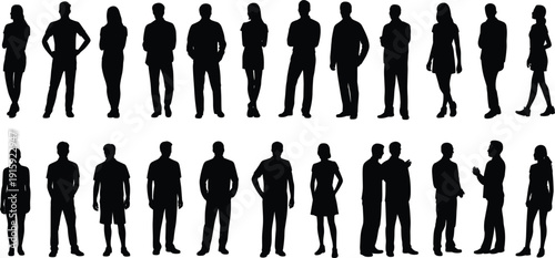 Diverse collection of black human male and female silhouettes standing and walking on white background Keywords: silhouette