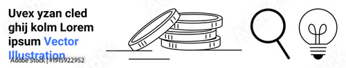 Finance, research, innovation, money management, problem-solving, creative thinking. Stacked coins, magnifying glass and lightbulb in linear style. Finance and research concept