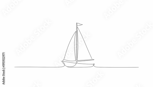 Minimalist single line drawing of a sailboat sailing on calm water, white background