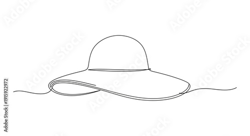 Minimalist single line drawing of a wide-brimmed sun hat, elegant summer fashion accessory