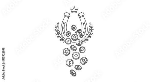 Lucky Horseshoe with Falling Coins and Laurel Wreath, Symbol of Good Fortune and Wealth