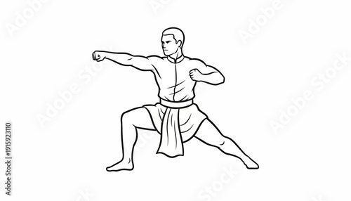 Martial Arts Fighter in Dynamic Stance, Punching Forward, Black and White Line Art