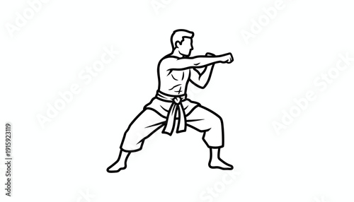 Martial Arts Fighter in Fighting Stance, Karate Punch, Dynamic Action Pose, Black and White Line Art