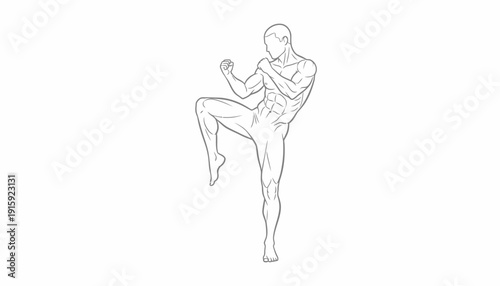 Martial Arts Fighter Performing Muay Thai Knee Strike - Line Art Illustration