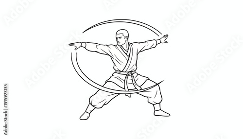Martial Arts Master Performing Dynamic Kung Fu Move with Circular Motion