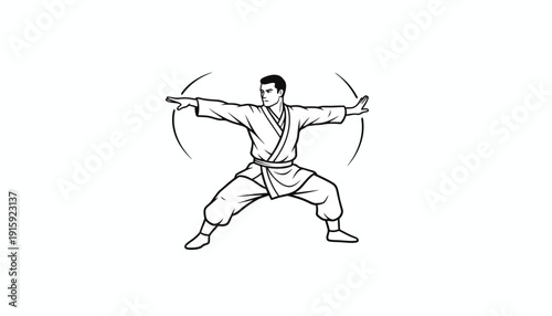 Martial Arts Master Performing Dynamic Karate Kata with Powerful Stance and Open Hands