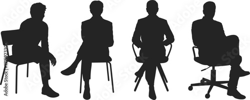 Four men silhouettes sitting on chairs in business attire on white background vector illustration