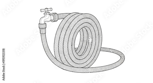 Garden hose coiled by faucet, outdoor water supply, illustration