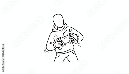 Gamer Person Holding Controller, Playing Video Game, Excitement, Line Art