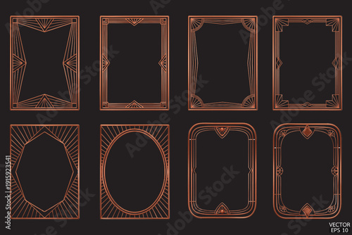Premium copper geometric frames are isolated on black background. Luxury copper borders for invitations, luxury templates, and decorative patterns. 3D vector illustration.