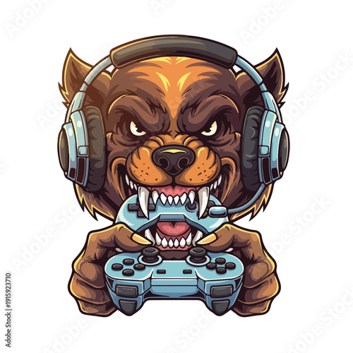 Aggressive Wolf with Headphones Playing Video Game