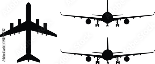 Three Black Airplane Silhouettes Top Front and Wing Views on White background isolated