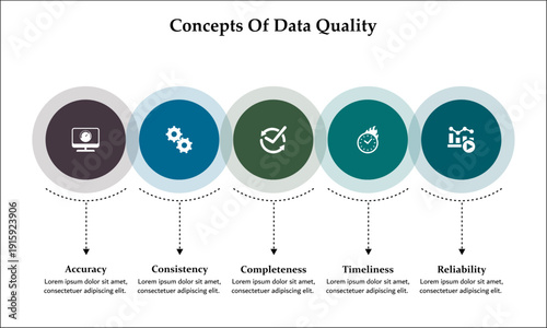 Concepts of data quality. Infographic template with icons and description placeholder