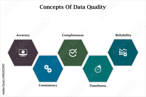 Concepts of data quality. Infographic template with icons and description placeholder