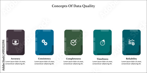 Concepts of data quality. Infographic template with icons and description placeholder