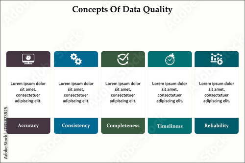 Concepts of data quality. Infographic template with icons and description placeholder
