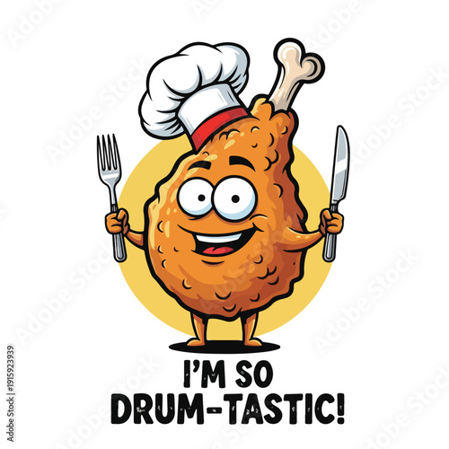 Funny fried chicken mascot with cutlery