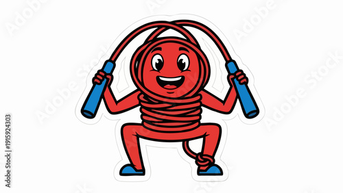 Cartoon character of a red jump rope doing exercise and smiling.