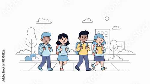 Group of School Children Walking Together on the Street.