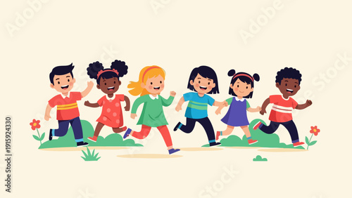 Diverse group of happy children running and playing together outdoors.