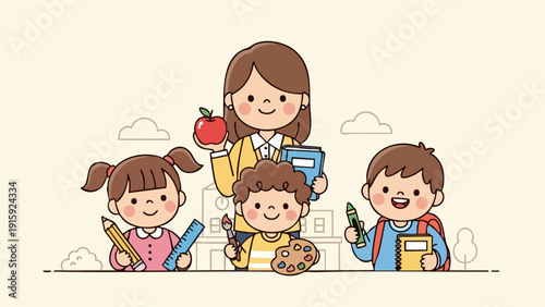 Teacher and students with school supplies in a cartoon style.