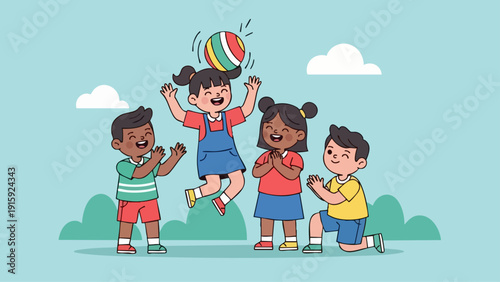 Joyful children playing with a colorful ball in the park during the day.